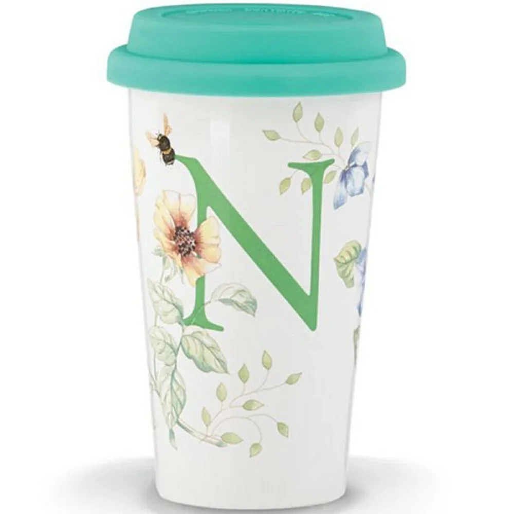 brand new HEAVY Lenox Butterfly Meadow Initial N 12-oz Porcelain Tumbler w/ Lid